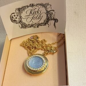 Kirks Folly Gold-Plated Necklace, Locket, Blue Cameo, Crystals, New In Box!